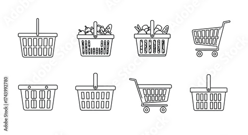Collection of shopping baskets and carts hand drawn style line art icons for retail and commerce vector