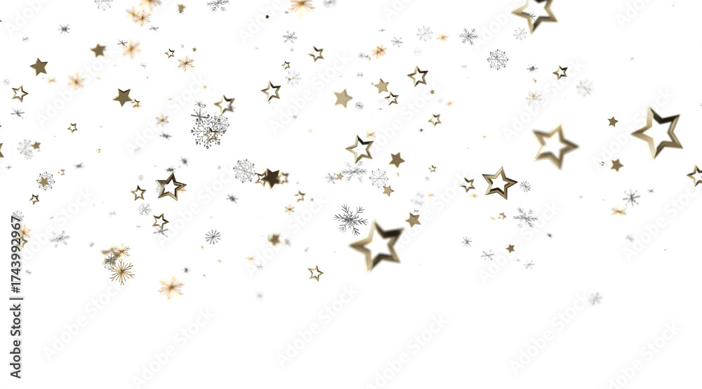 Obraz premium Beautiful festive background with gold stars and snowflakes. Perfect for Christmas, New Year, and winter holidays.