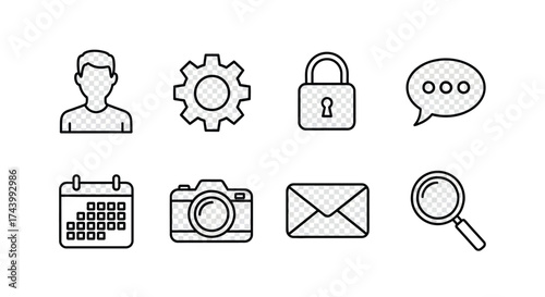 Set of eight simple outline sketch style icons for user profile settings lock chat calendar camera mail search vector