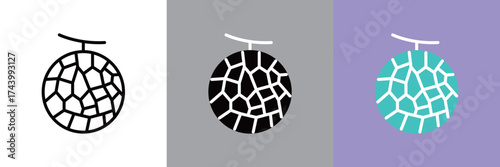 メロンのカラーとモノクロアイコンセット
