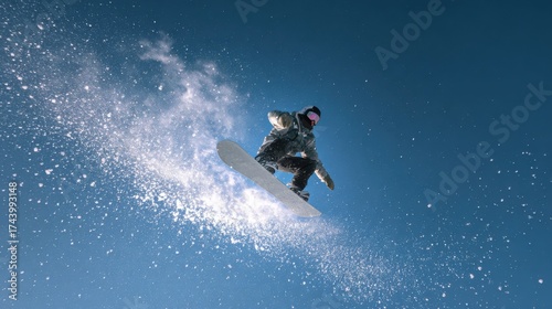 Fototapeta Naklejka Na Ścianę i Meble -  a teenager snowboarding against a clear blue sky. The image, taken from a low angle, highlights the snowboarder in the center of the composition
