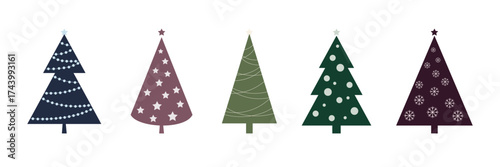 Christmas tree isolated on a white background, set of icons, vector, flat design. A festive multicolored element for decoration, posters, postcards. The symbol of Christmas and new year in trendy 