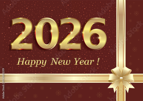 Festive banner celebrating the New Year 2026 on red background decorated with gold ribbon, bow and snowflakes. Vector illustration for holiday design.