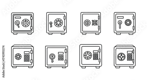 Collection of eight diverse security safes with combination locks and keyholes presented in a row vector