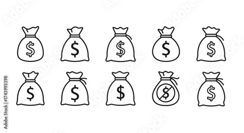 Hand drawn money bag icons set dollar symbol sketch style finance wealth business collection vector