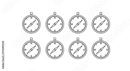 Eight retro compass icons with detailed dials and hand drawn style for navigation vector