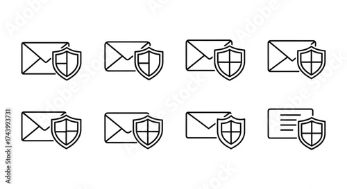 Secure email icons set protecting messages with shield symbol for digital communication safety vector