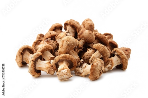 Dried shiitake fungi photographed on a plain white background