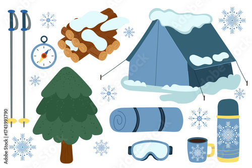 Winter camping vector set with snowy tent, pine tree, thermos, compass, logs, ski poles, sleeping mat, cup, and snowflakes. Cozy outdoor adventure illustration representing cold weather travel.
