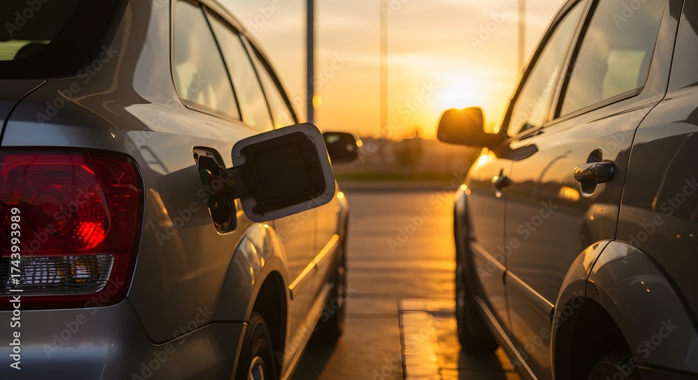 Fototapeta premium Cars at gas station sunset