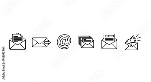 Hand drawn email and at symbol icon set communication correspondence contact message internet vector