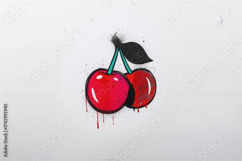 Cherry Symbol in Spray Paint Style on a Plain White Surface