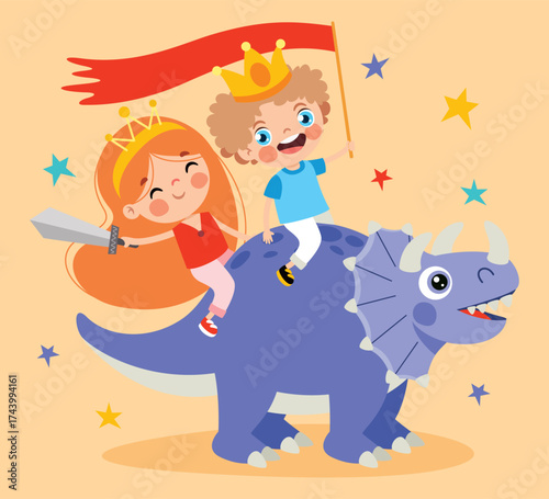 Cartoon Kid Riding Cute Dinosaur