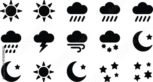 Dynamic weather icon set forecasting sun, rain, wind and moon phases