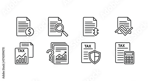 Collection of document icons representing finance taxes analysis security and data for business and accounting vector