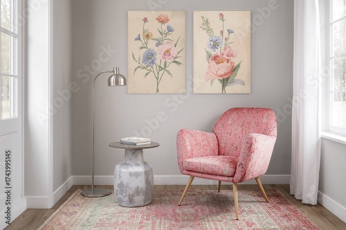 Room featuring a pink velve...