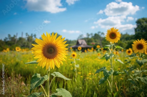 Field of sunflowers at a mo...