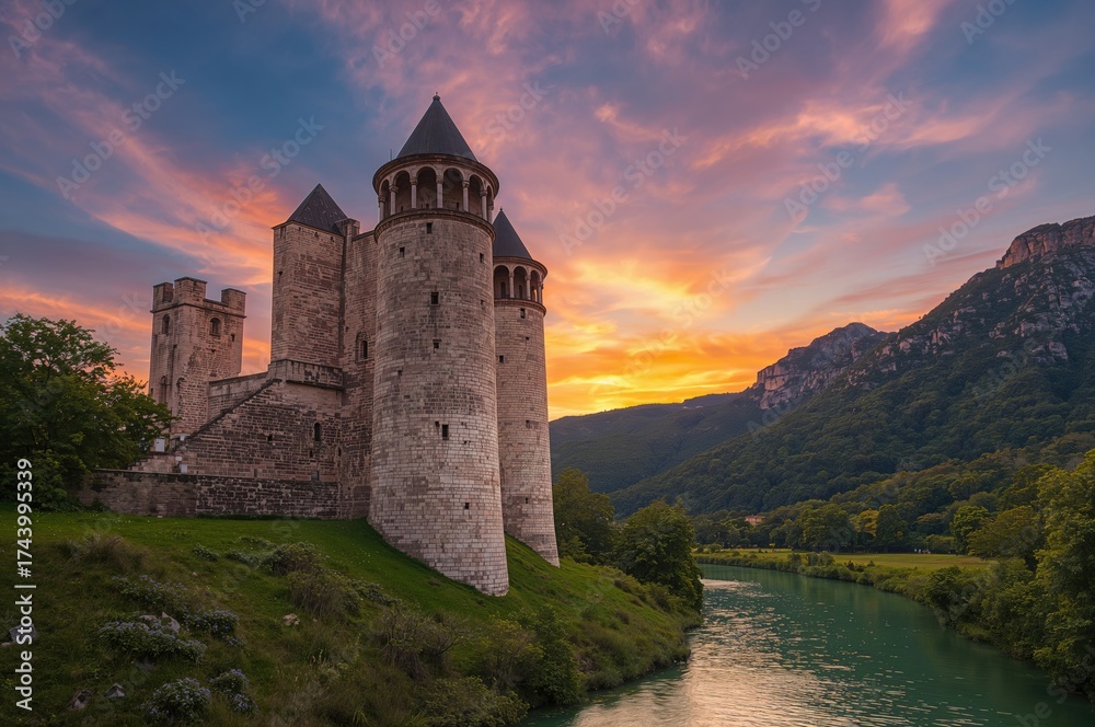 Fototapeta premium Sunset view featuring ancient towers beside a flowing river.