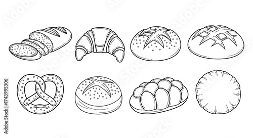 Hand drawn bakery assortment collection freshly baked breads and pastries line art vector