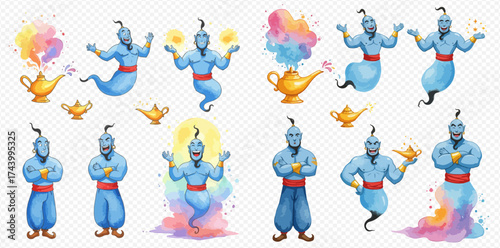 Collection of genie illustrations with lamps and colorful smoke.