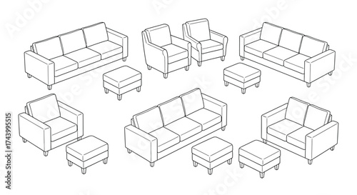 Collection of modern sofas and armchairs with ottoman poufs hand drawn sketch style vector
