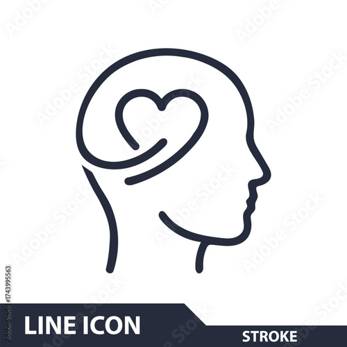 Line icon of a head with heart representing love, positive emotion, and mental wellbeing