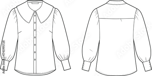 Women blouse flat sketch with Peter Pan collar, puff sleeves, button front, wide cuffs, technical fashion drawing, apparel design illustration, cad drawing flat vector illustration