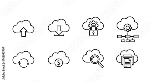 Cloud computing icon set for data storage security and network management solutions vector