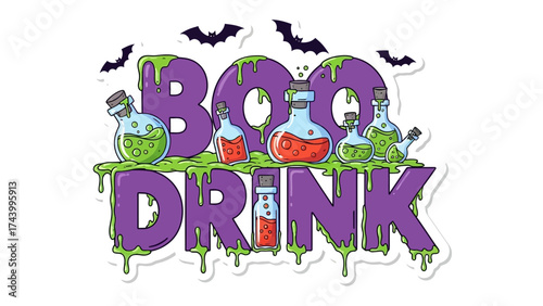 Halloween Boo Drink: Spooky potion bottles overflowing with colorful concoctions are the centerpiece, promising a ghoulishly good time. The vibrant Boo Drink logo, dripping with eerie slime.