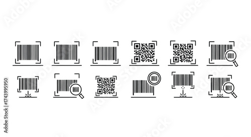 Collection of barcode and qr code icons representing scanning and data technology vector