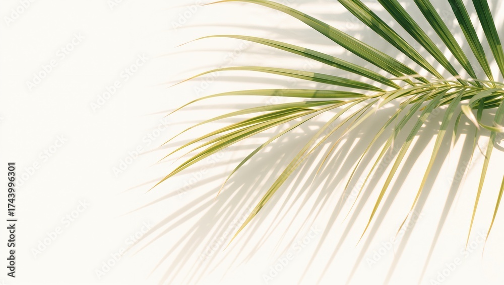 Fototapeta premium Silhouette of a verdant palm frond against a plain white backdrop