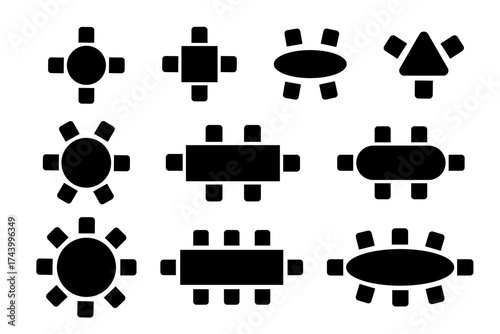 Set of seats silhouettes in restaurant, cafe or dining room. Schematic tables and chairs signs for floorplan. Graphic furniture symbols. Top view of architectural seating plan. Vector illustration