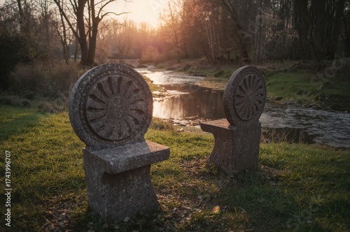 Carved stone benches featur...