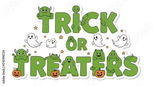 Spooky Celebrations: Trick or Treaters playful illustration, featuring adorable monsters and playful spirits ready for Halloween festivities. 