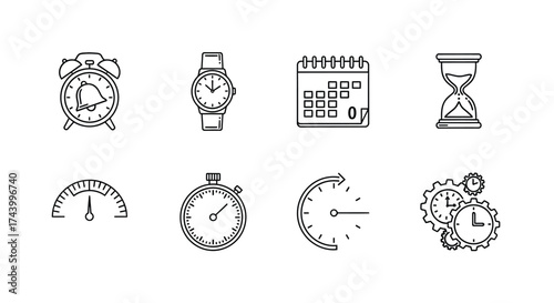 Collection of hand-drawn timekeeping icons representing alarms calendars watches and clocks for scheduling vector