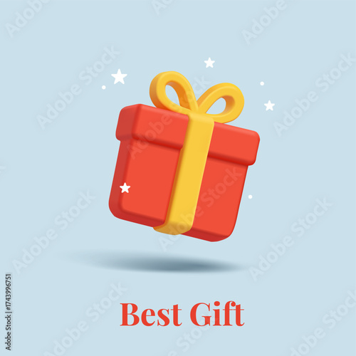 The best gift for winter holidays. 3D red box with yellow ribbon on a blue background, snow, stars. Christmas gift. Vector illustration.