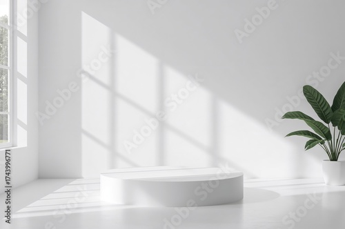 Minimalist white stage with...