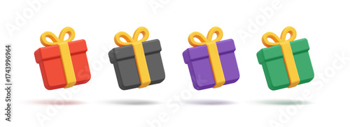 3D set of colorful gifts with yellow ribbon. Icons on white background for holiday, birthday concepts. Vector illustration.
