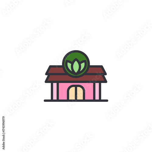 Spa building icon representing wellness center, relaxation retreat, and beauty treatment facility.