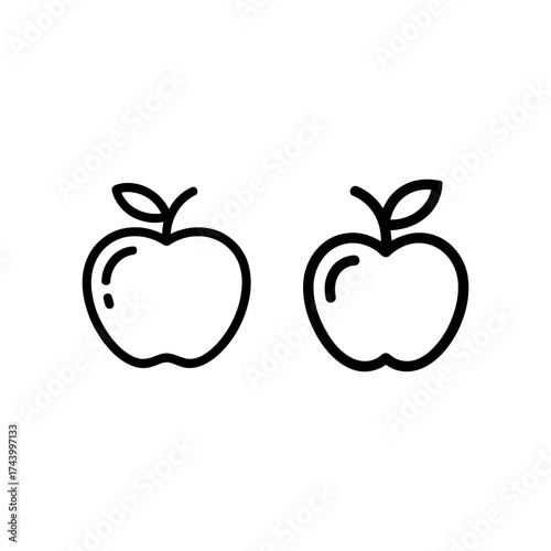 Simple line art icons of two red apples with green leaves and stems vector