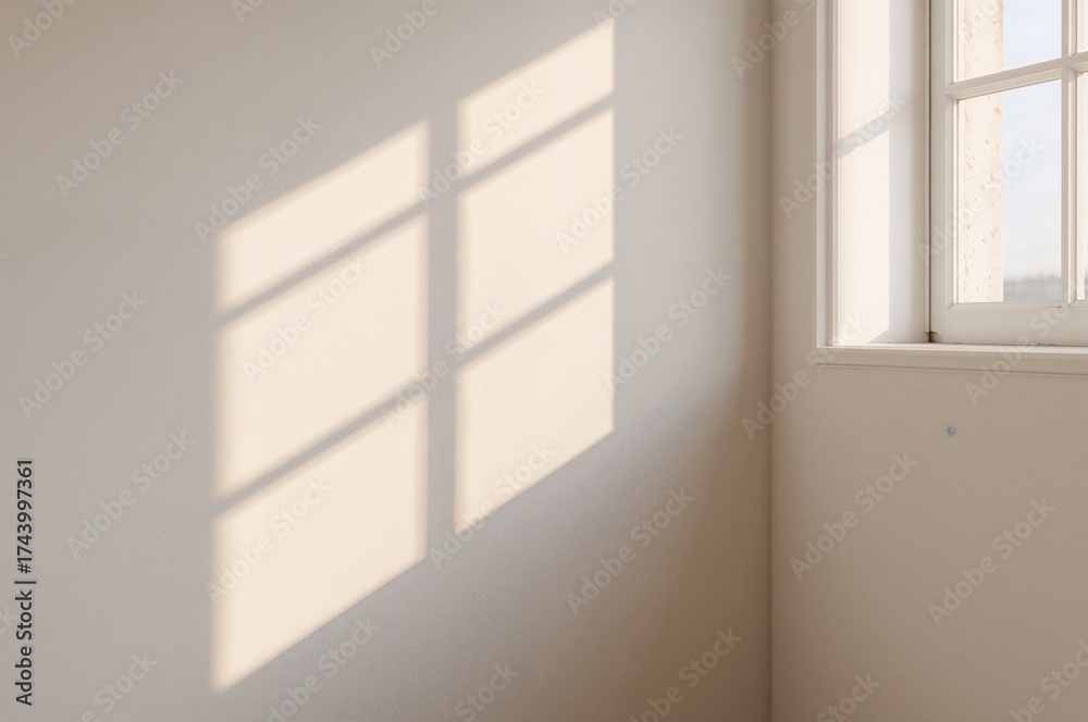 Fototapeta premium Morning light casts a shadow on a white concrete wall inside a room