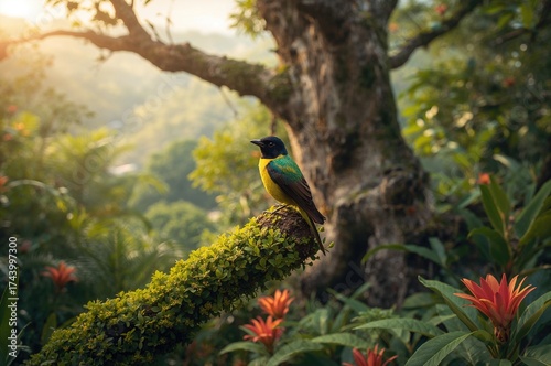 Bird perched on branch rubb...