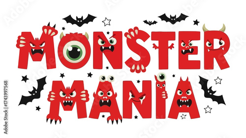 Monster Mania: A playful design showcasing the text Monster Mania, adorned with whimsical monster illustrations and star and bat graphics. Ideal for playful projects!