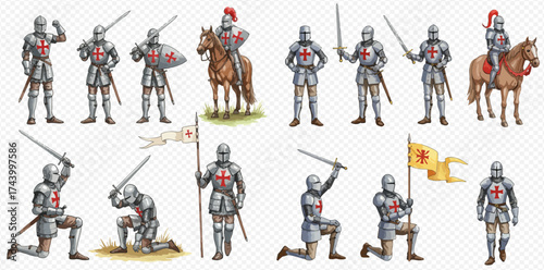 Illustrations of medieval knights in armor with swords and flags.