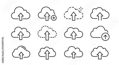 Set of 12 hand drawn cloud upload icons for digital data storage and cloud computing services vector