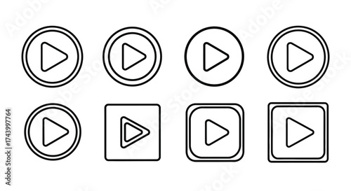 Collection of eight hand-drawn play button icons in circles and squares for digital media playback vector