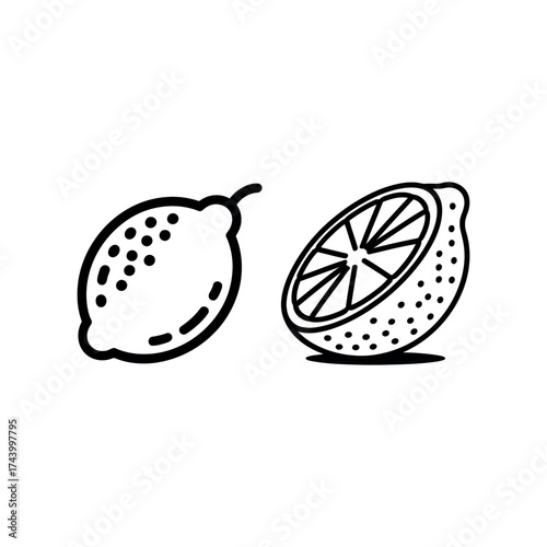 Fresh lemon fruit whole and halved outline simple graphic element food ingredient vector