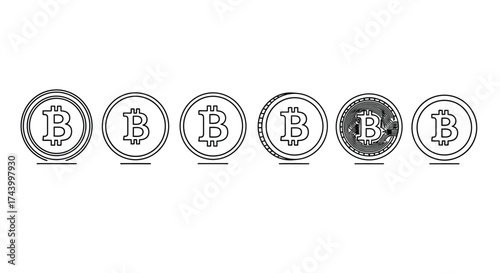 Bitcoin coins displayed in a row artistic sketch cryptocurrency digital finance concept vector