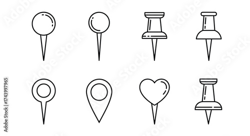 Set of hand drawn map pins and push pins sketch style icons for location marking vector