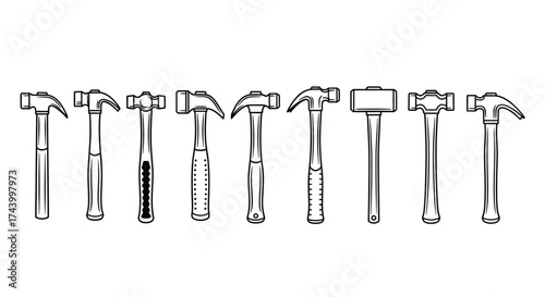 Collection of various hammer types isolated on white for construction and diy projects vector